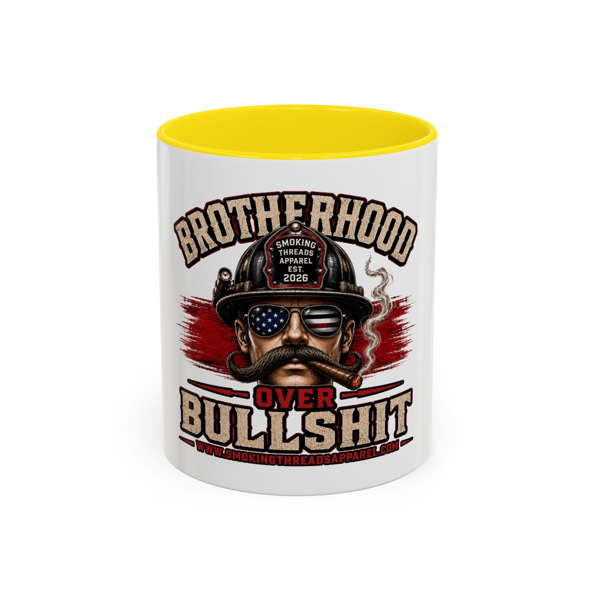 Brotherhood Over Bullshit Coffee Mug — Patriotic Firefighter Helmet Design