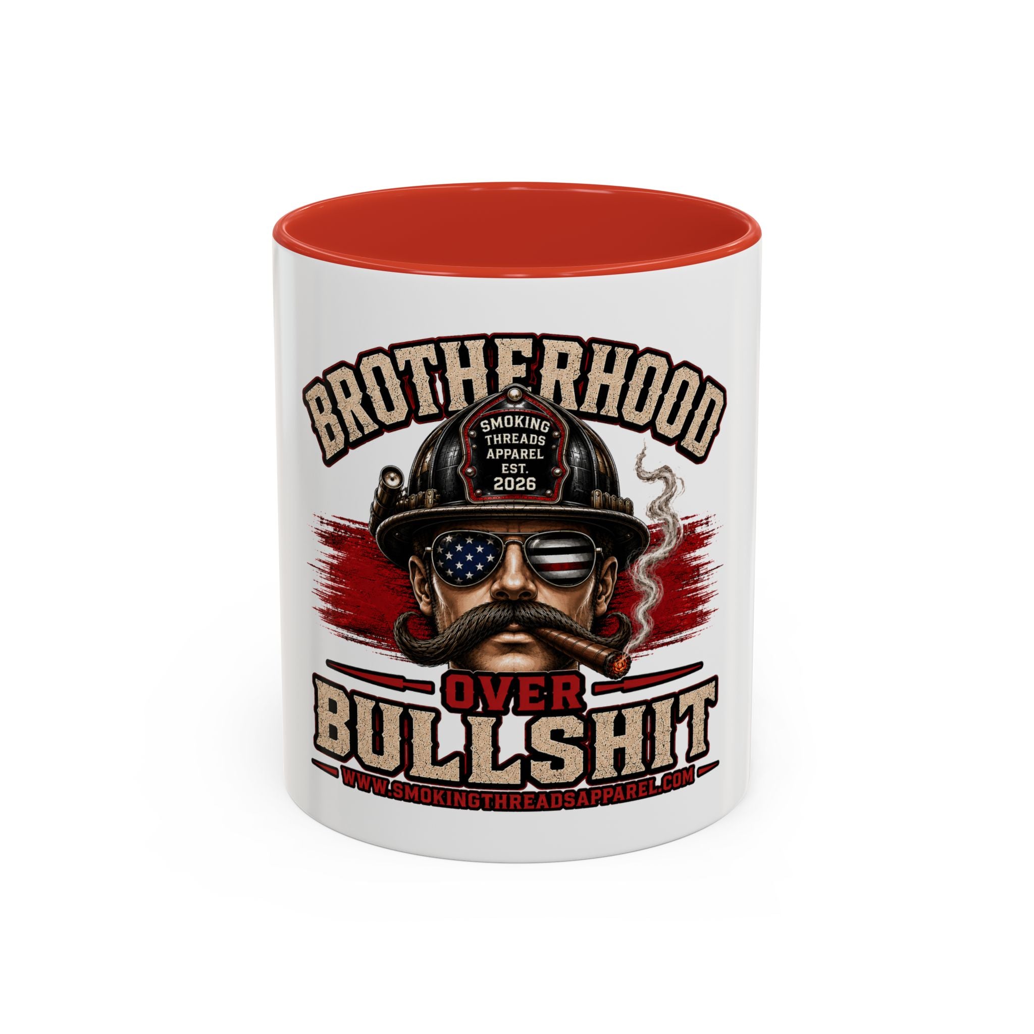 Brotherhood Over Bullshit Coffee Mug — Patriotic Firefighter Helmet Design