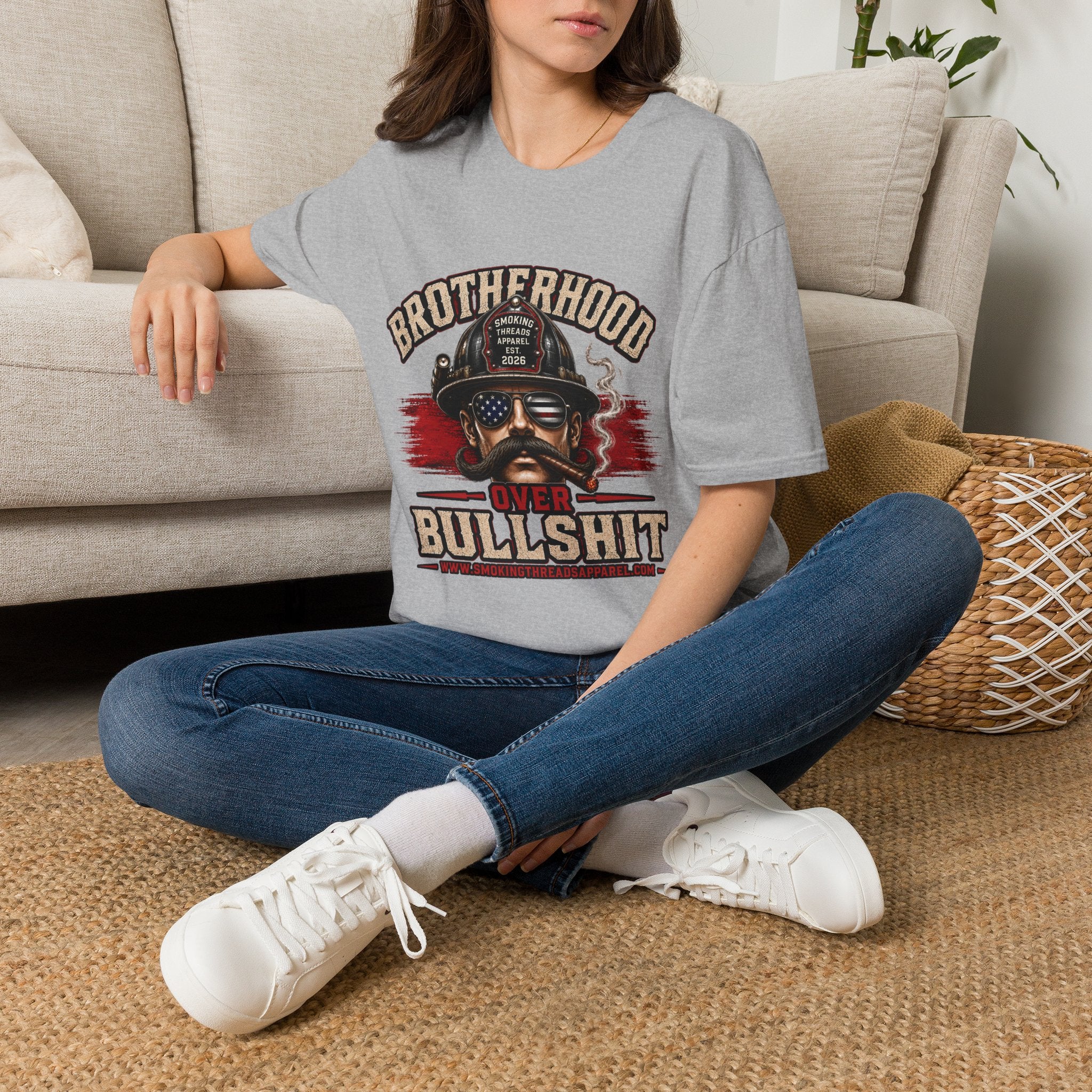 Brotherhood Over Bullshit T-Shirt — American Flag Firefighter Skull Tee