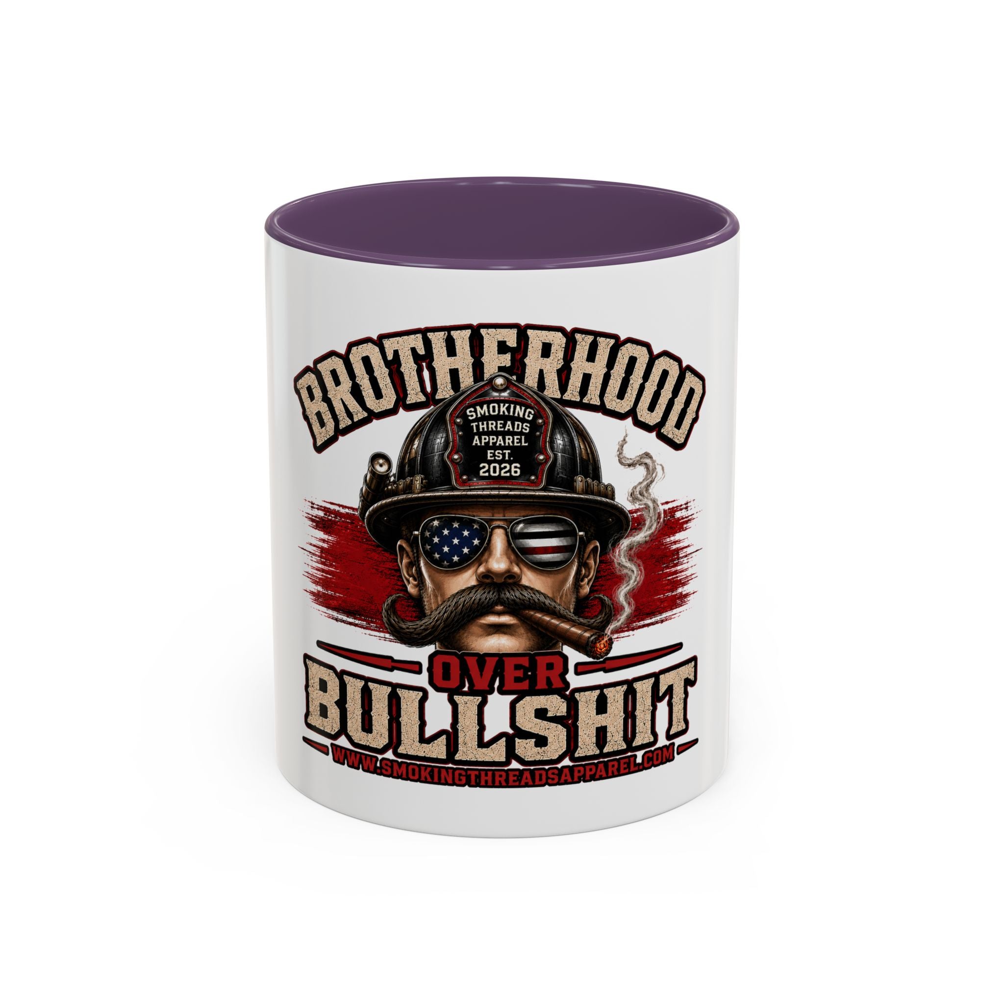 Brotherhood Over Bullshit Coffee Mug — Patriotic Firefighter Helmet Design