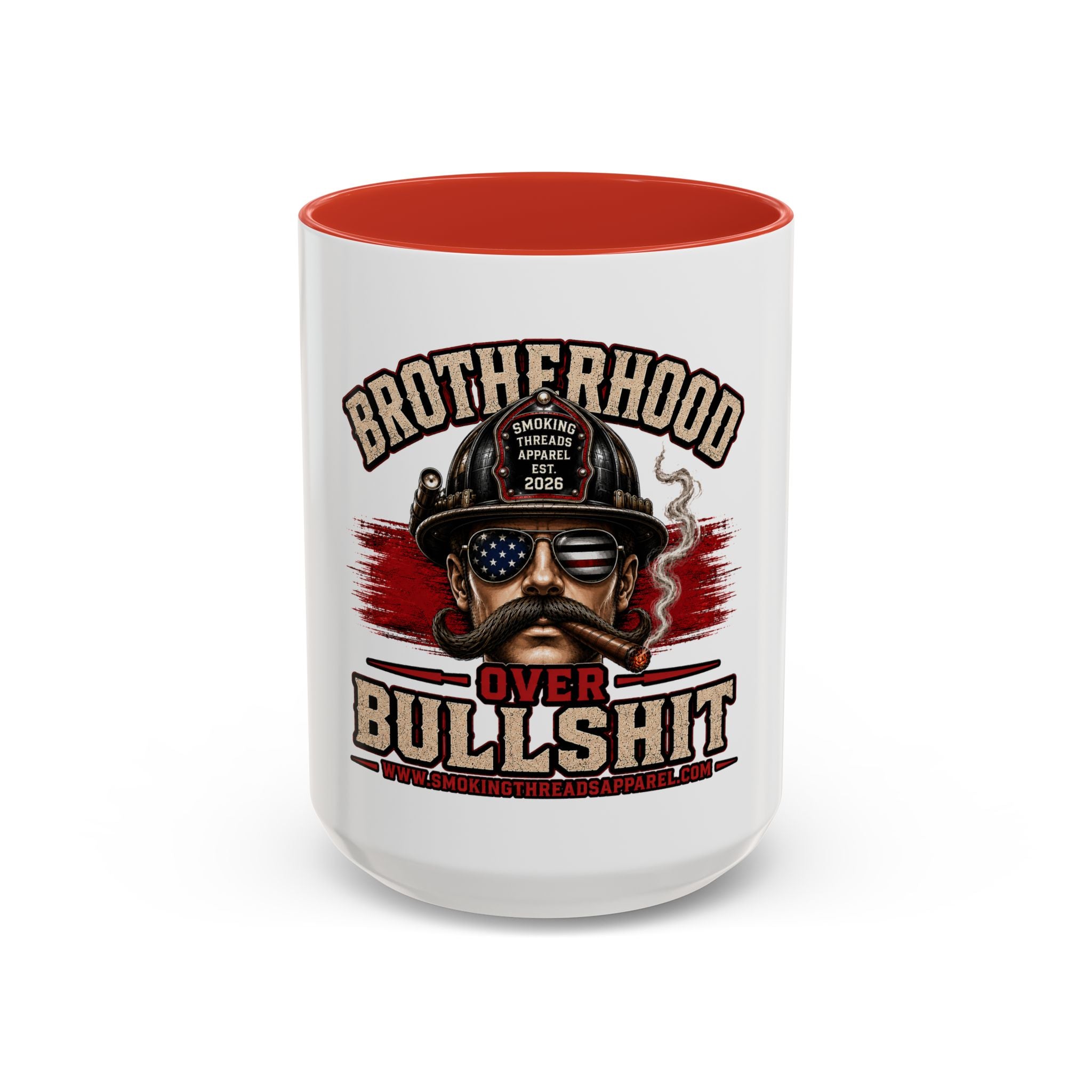 Brotherhood Over Bullshit Coffee Mug — Patriotic Firefighter Helmet Design