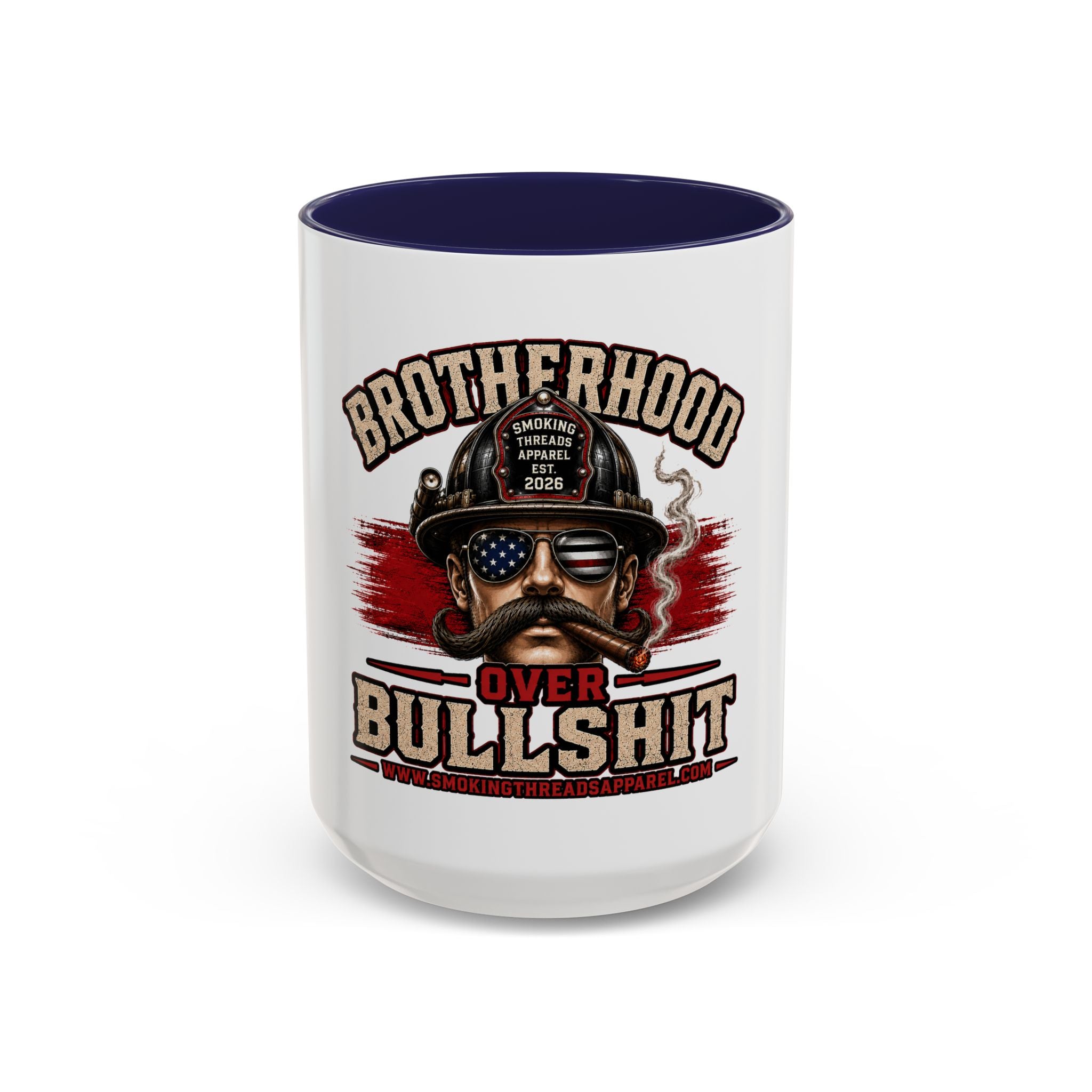 Brotherhood Over Bullshit Coffee Mug — Patriotic Firefighter Helmet Design