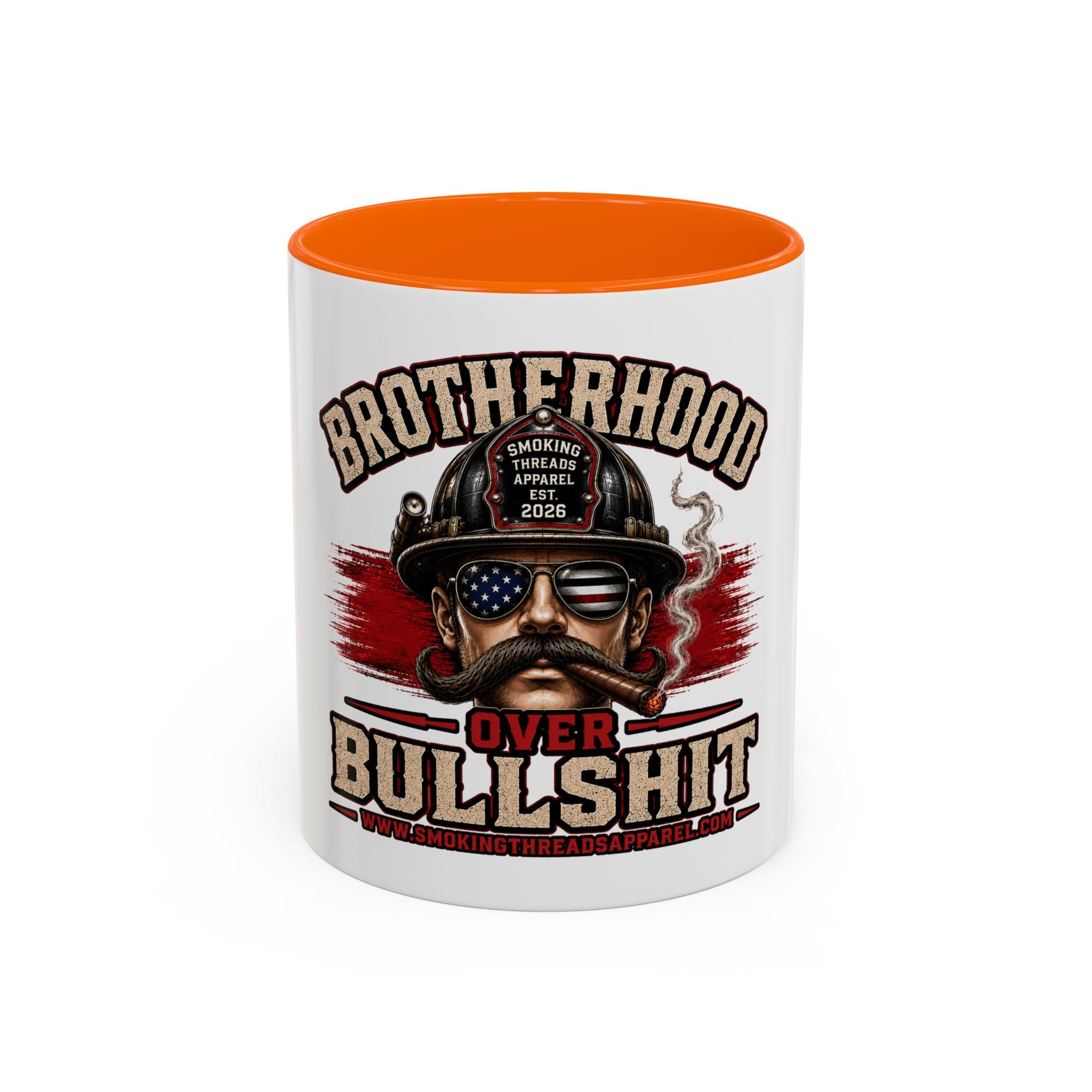 Brotherhood Over Bullshit Coffee Mug — Patriotic Firefighter Helmet Design