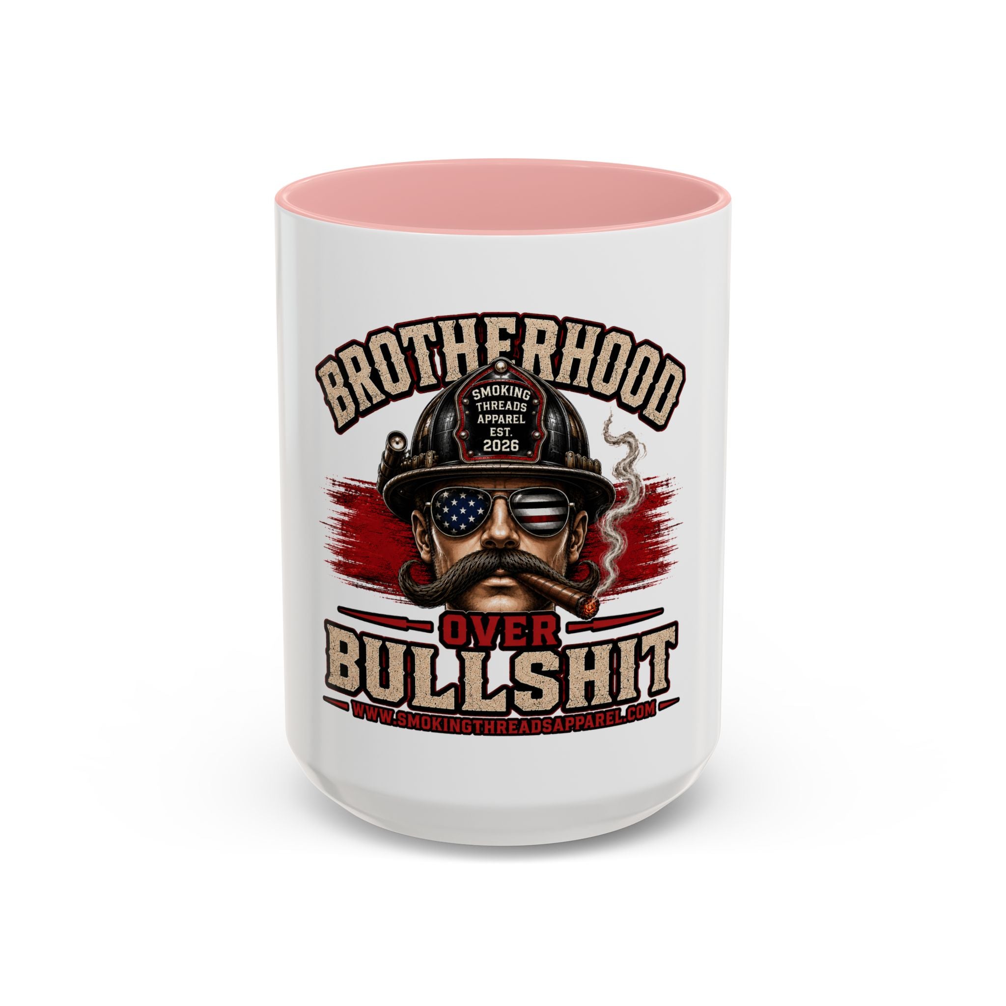 Brotherhood Over Bullshit Coffee Mug — Patriotic Firefighter Helmet Design