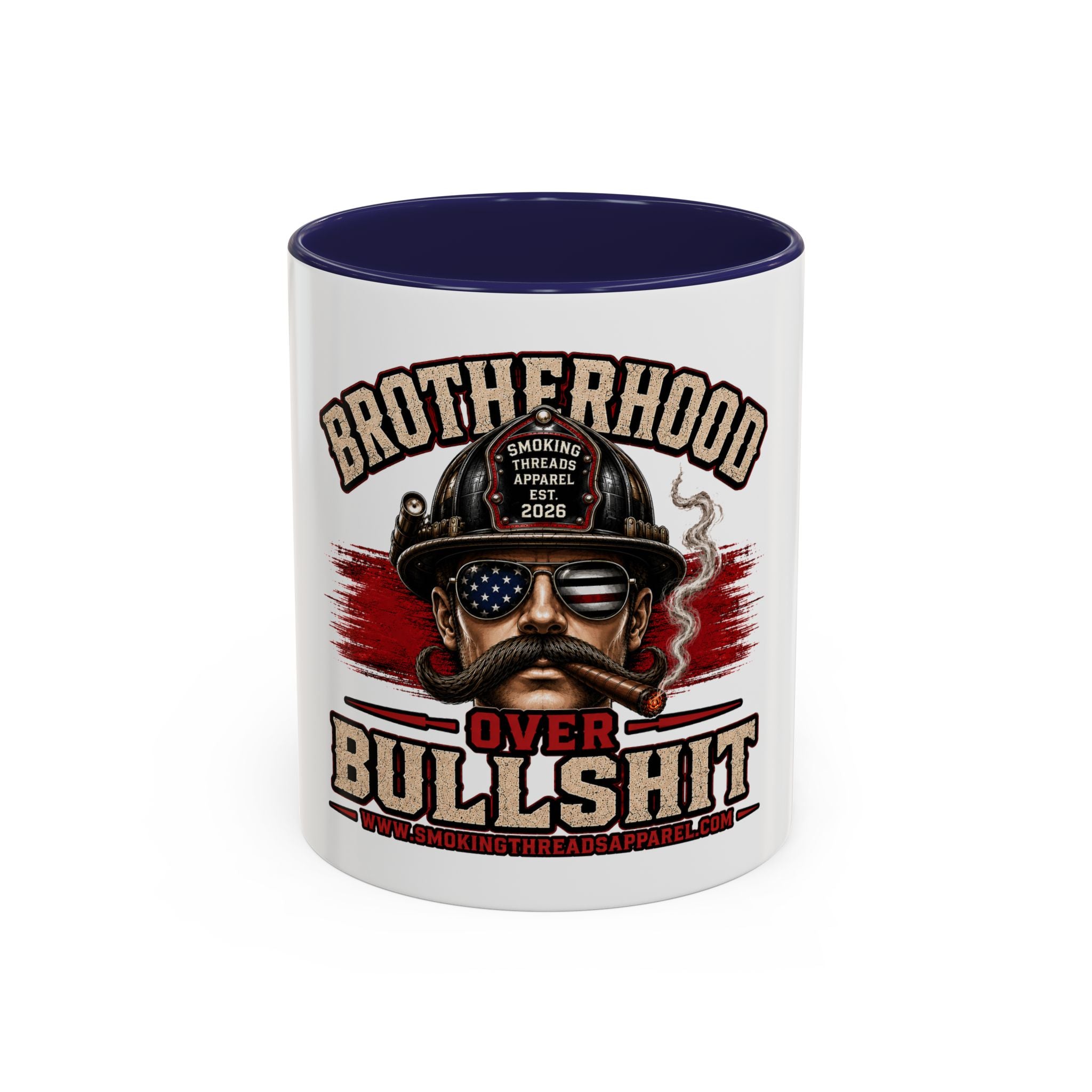 Brotherhood Over Bullshit Coffee Mug — Patriotic Firefighter Helmet Design