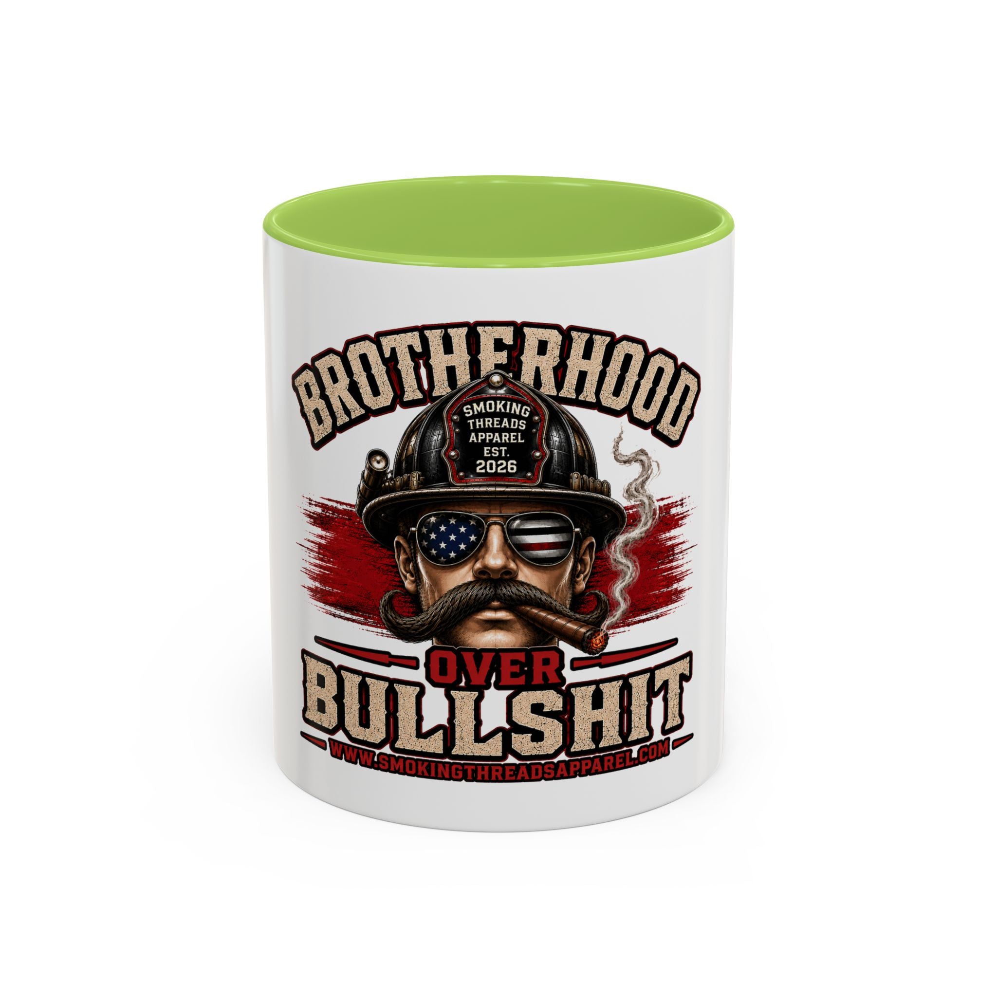 Brotherhood Over Bullshit Coffee Mug — Patriotic Firefighter Helmet Design