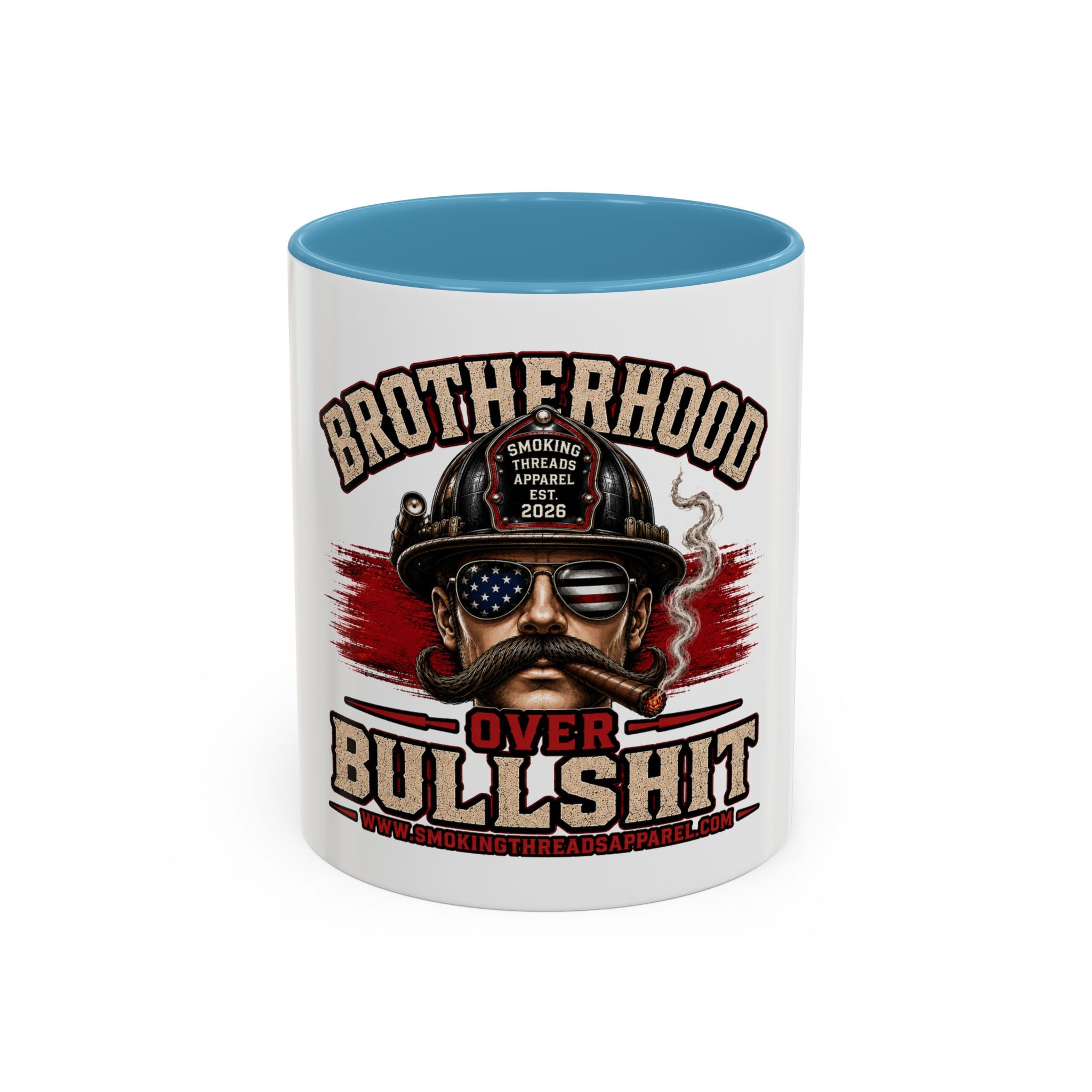 Brotherhood Over Bullshit Coffee Mug — Patriotic Firefighter Helmet Design