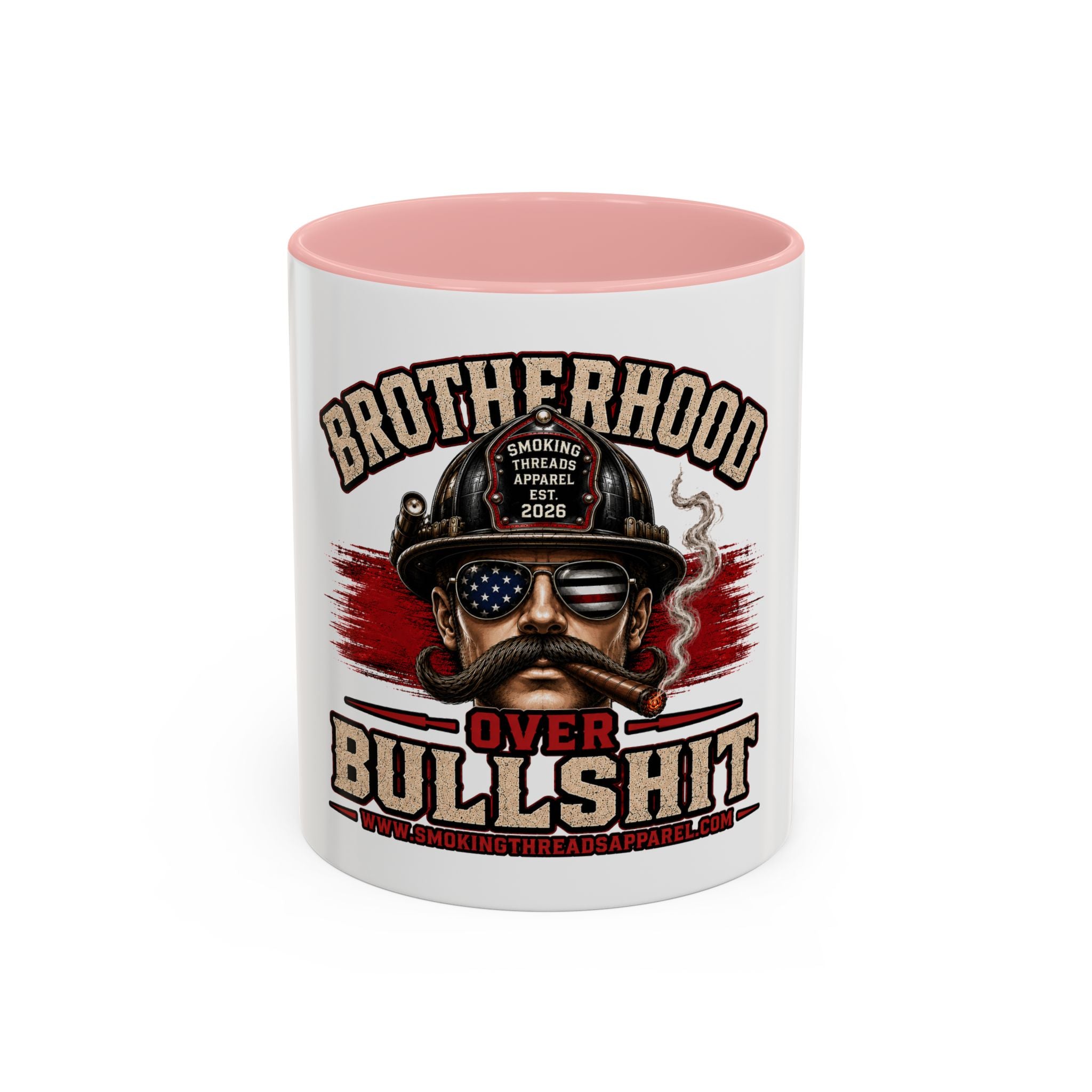 Brotherhood Over Bullshit Coffee Mug — Patriotic Firefighter Helmet Design