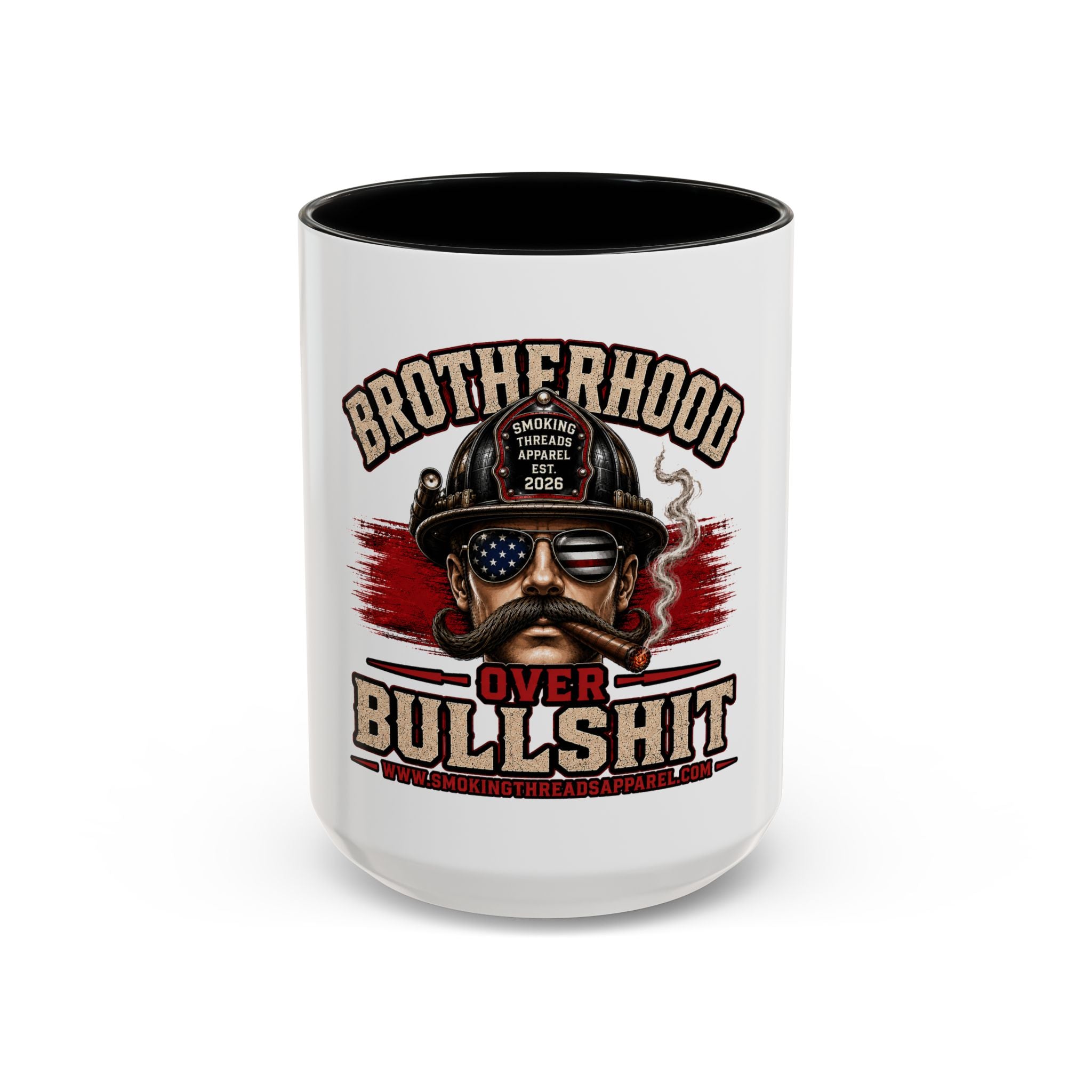 Brotherhood Over Bullshit Coffee Mug — Patriotic Firefighter Helmet Design