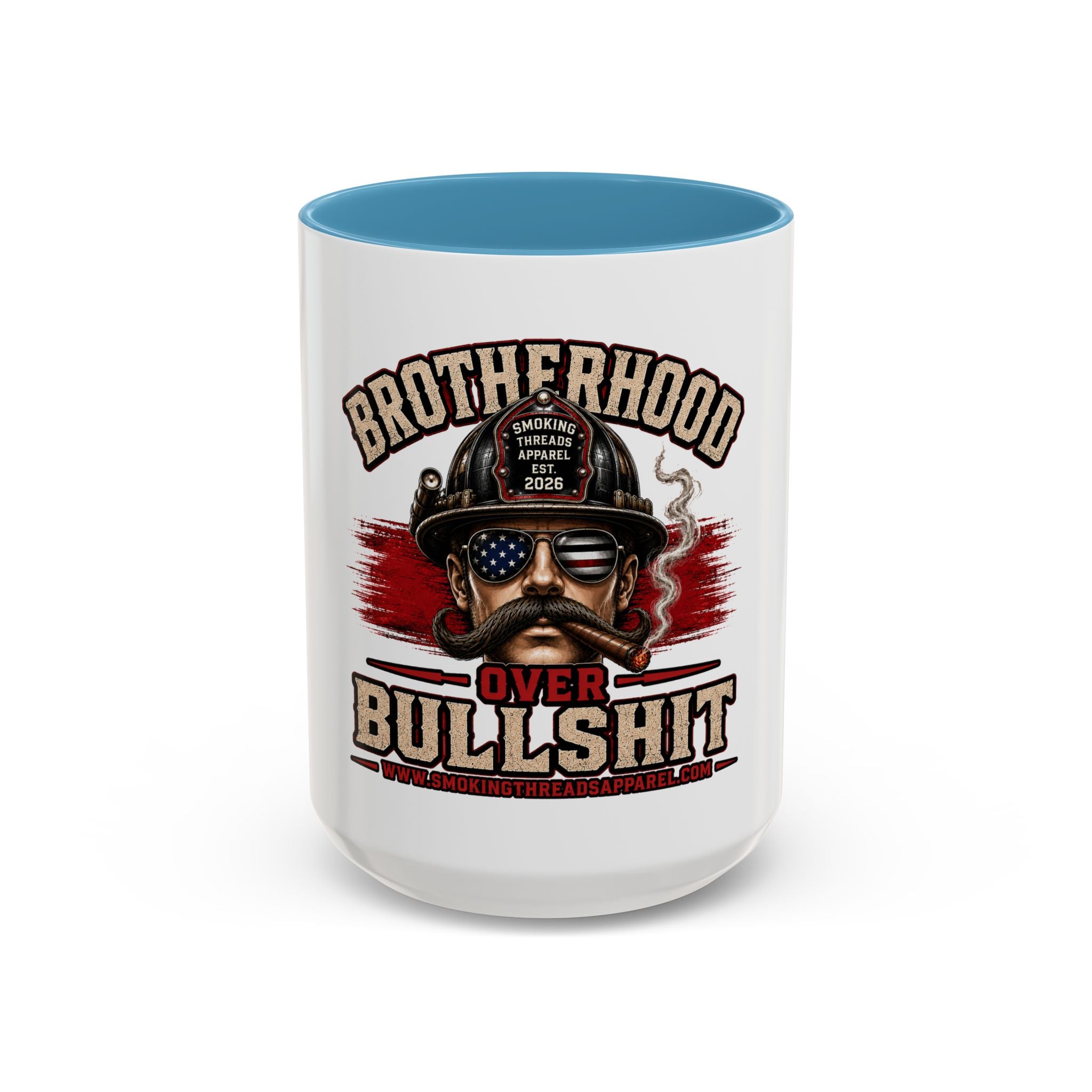 Brotherhood Over Bullshit Coffee Mug — Patriotic Firefighter Helmet Design