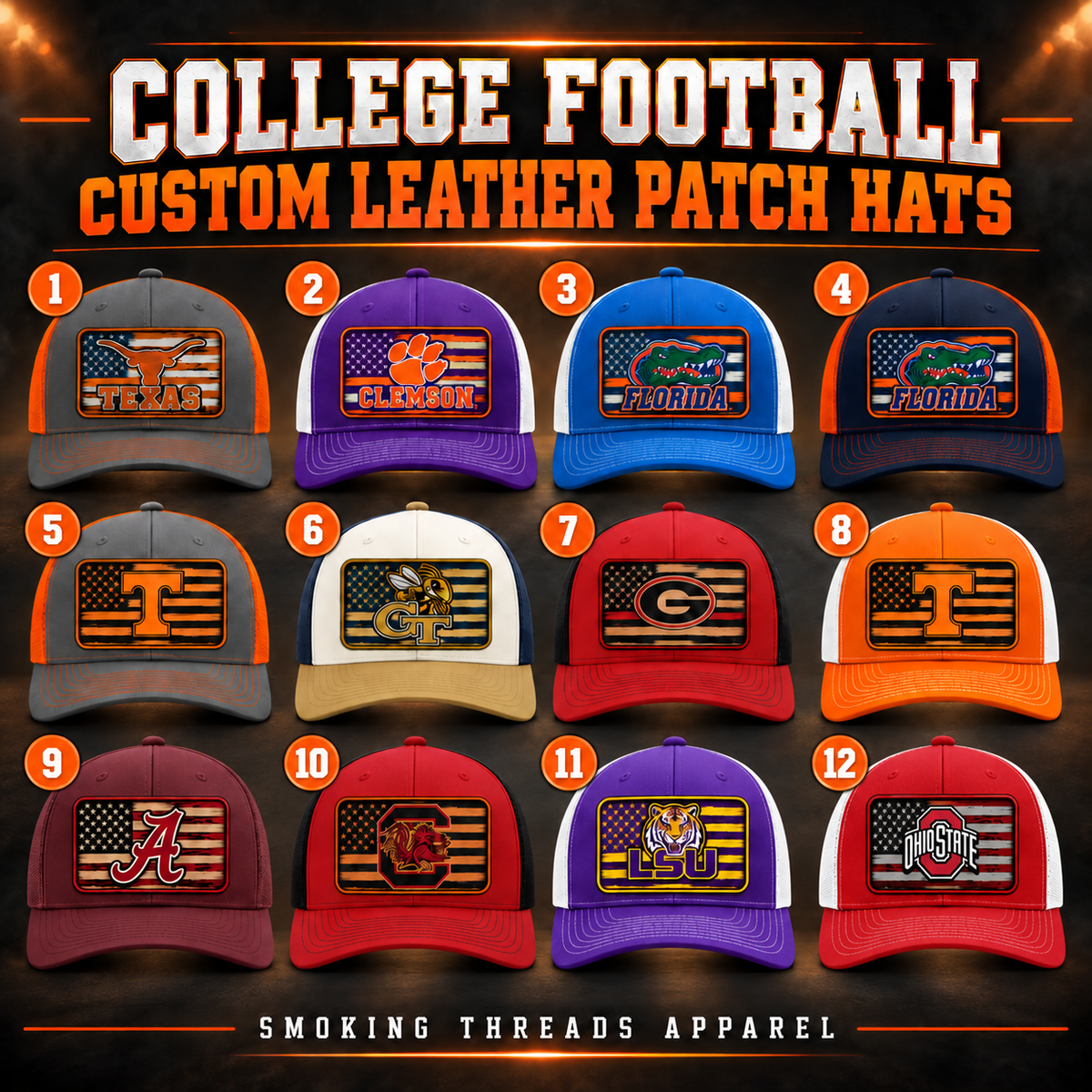 CUSTOM COLLEGE FOOTBALL LEATHER PATCH HATS