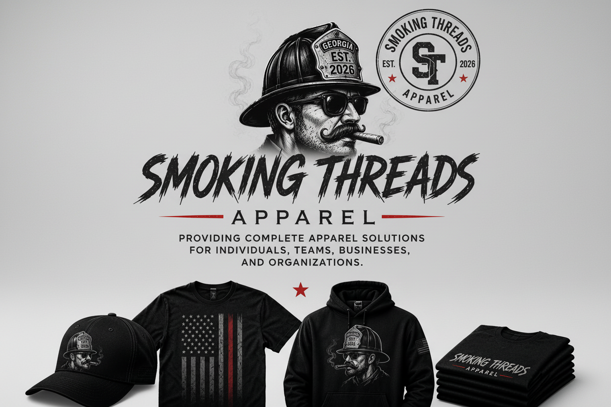Promotional graphic for Smoking Threads Apparel showing a black firefighter helmet graphic, a circular Smoking Threads Apparel logo, and several black apparel items including a baseball cap, t-shirt with a distressed American flag, hoodie with a firefighter graphic, and folded t-shirts on a light gray background. make it so it fits the page 

